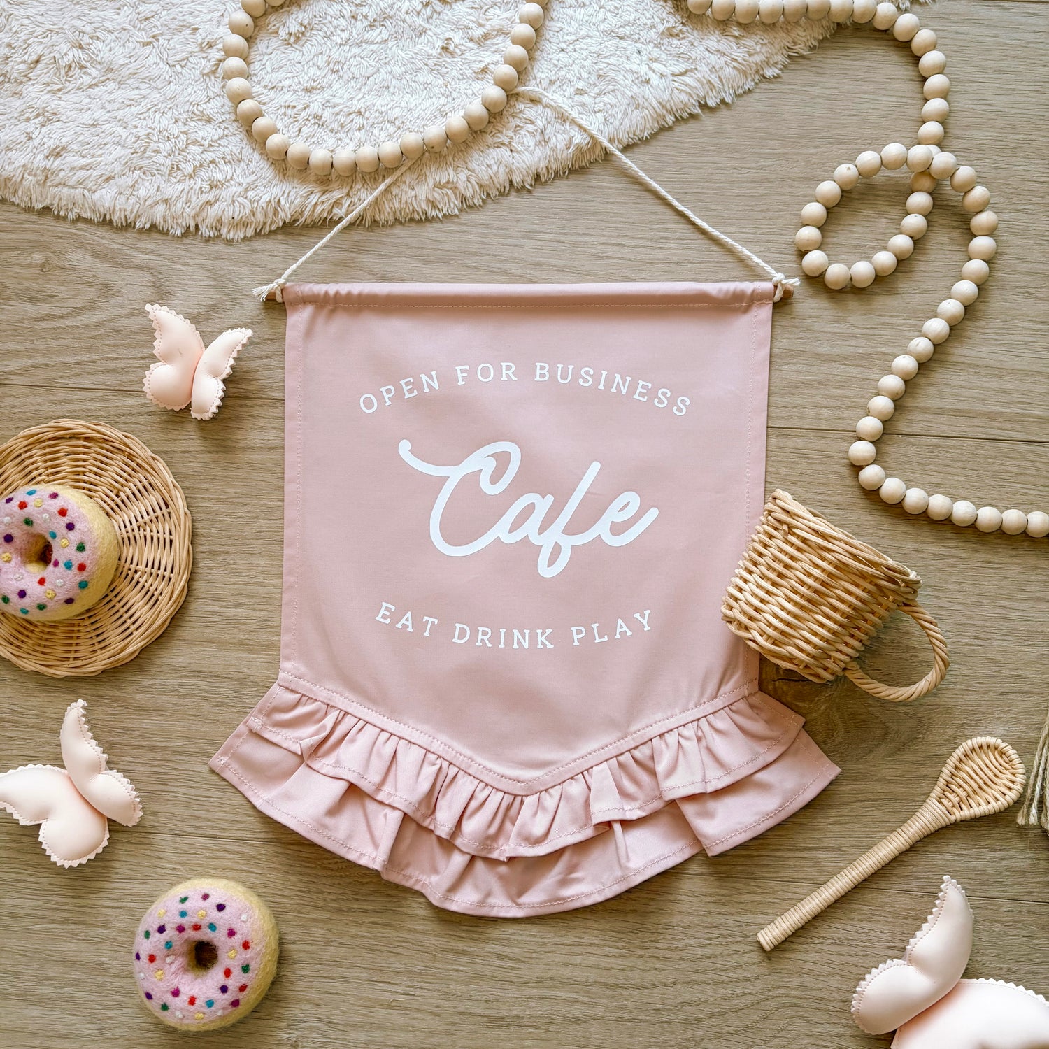 Cafe Wall Banner, Kids Cafe Decor, Play Kitchen Decor, Kids Play Kitchen, Cubby House Decor, Playroom Decor, Pretend Play Decor, Imaginative Play, Cafe Playroom Decor, Girls Playroom Decor, Pink Wall Banner, Dusty Pink Decor, Blush Pink Decor, Pink Kids Decor, Kids Wall Banner, Play Cafe Sign, Kids Cafe Sign, Market Stall Decor, Pretend Cafe Decor, Girls Cubby Decor, Vintage Kids Decor, Frill Wall Banner