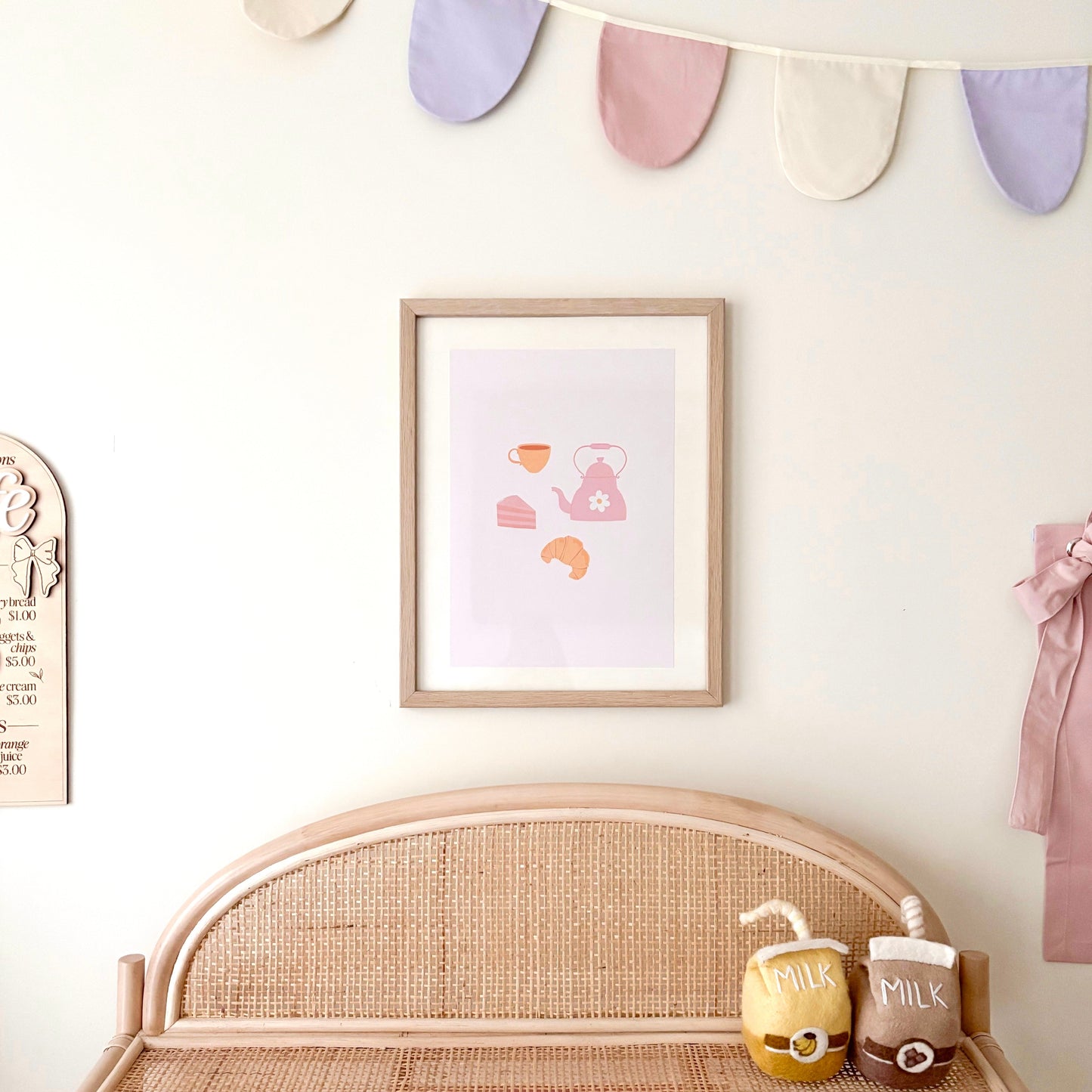 Pink girls room. Soft pink nursery decor. Classic girls bedroom styling. Sweet pastel pink bedroom decor. Tea party wall art. Girls tea party room inspo. Pink tea party print decor. Timeless girls pink bedroom ideas. Elegant girls bedroom art. Girls feminine bedroom. Baby pink girls bedroom decor. Classic girls nursery decor. Classic pink bedroom. Delicate tea party inspired girls decor.