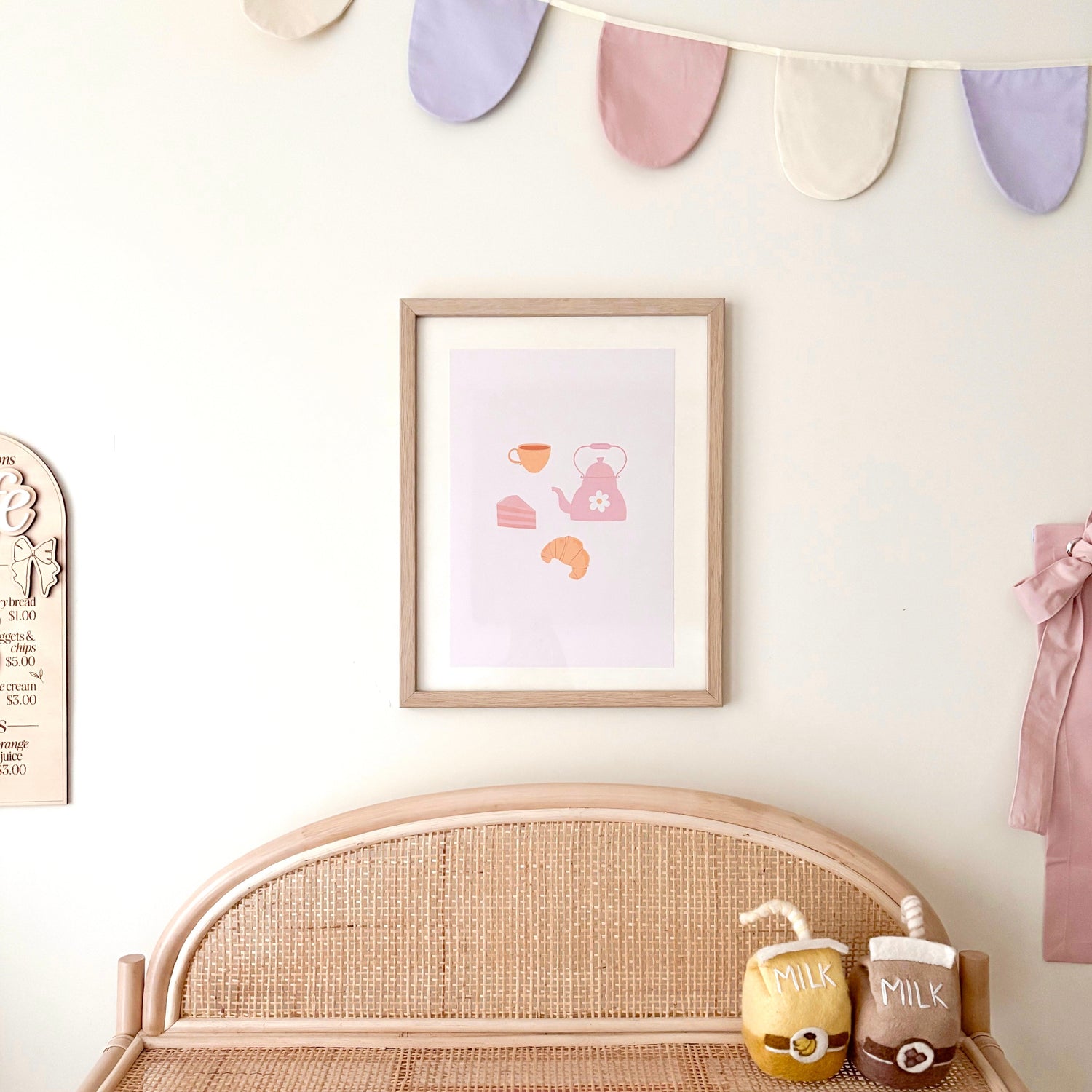Pink girls room. Soft pink nursery decor. Classic girls bedroom styling. Sweet pastel pink bedroom decor. Tea party wall art. Girls tea party room inspo. Pink tea party print decor. Timeless girls pink bedroom ideas. Elegant girls bedroom art. Girls feminine bedroom. Baby pink girls bedroom decor. Classic girls nursery decor. Classic pink bedroom. Delicate tea party inspired girls decor.