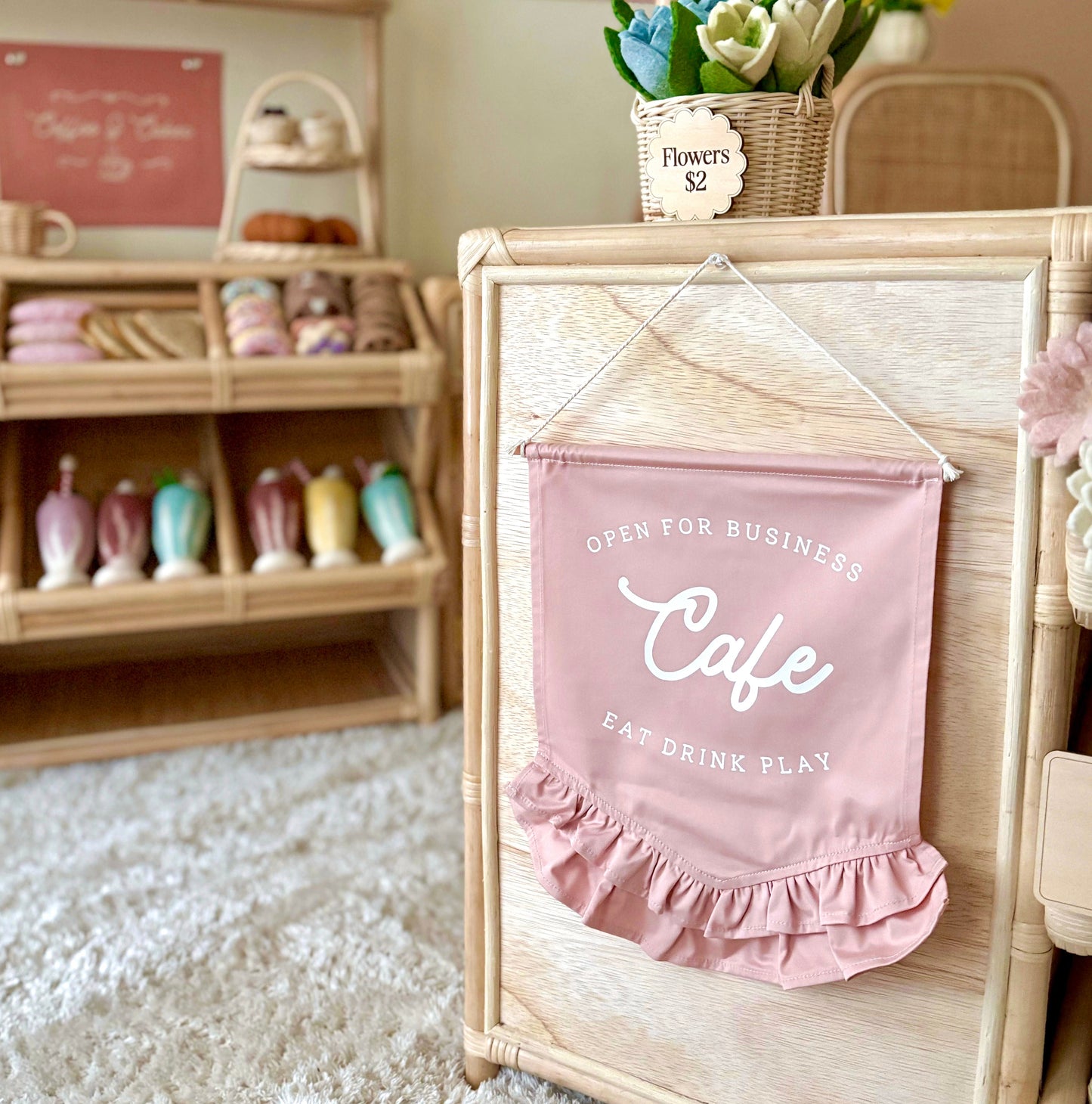 Cafe Wall Banner, Kids Cafe Decor, Play Kitchen Decor, Kids Play Kitchen, Cubby House Decor, Playroom Decor, Pretend Play Decor, Imaginative Play, Cafe Playroom Decor, Girls Playroom Decor, Pink Wall Banner, Dusty Pink Decor, Blush Pink Decor, Pink Kids Decor, Kids Wall Banner, Play Cafe Sign, Kids Cafe Sign, Market Stall Decor, Pretend Cafe Decor, Girls Cubby Decor, Vintage Kids Decor, Frill Wall Banner