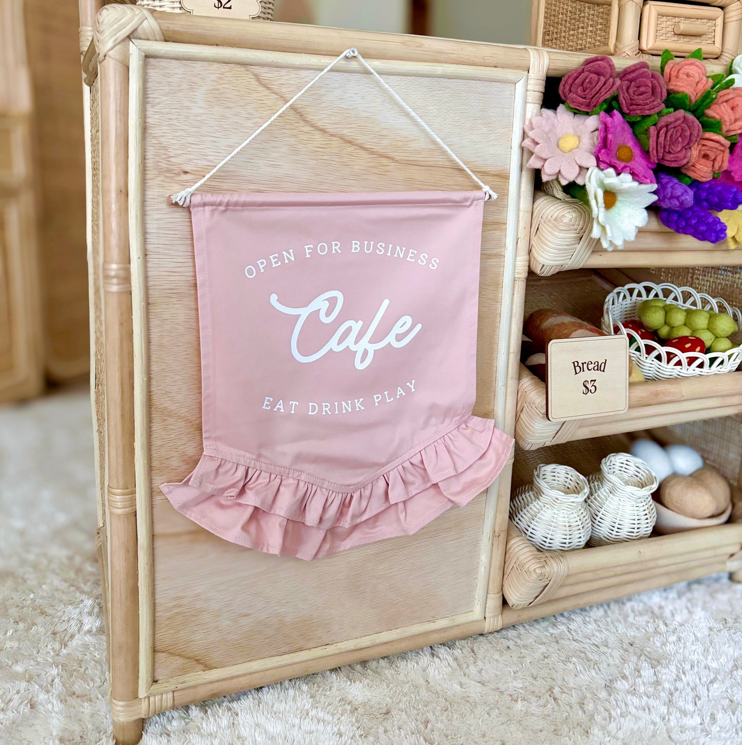 Cafe Wall Banner, Kids Cafe Decor, Play Kitchen Decor, Kids Play Kitchen, Cubby House Decor, Playroom Decor, Pretend Play Decor, Imaginative Play, Cafe Playroom Decor, Girls Playroom Decor, Pink Wall Banner, Dusty Pink Decor, Blush Pink Decor, Pink Kids Decor, Kids Wall Banner, Play Cafe Sign, Kids Cafe Sign, Market Stall Decor, Pretend Cafe Decor, Girls Cubby Decor, Vintage Kids Decor, Frill Wall Banner