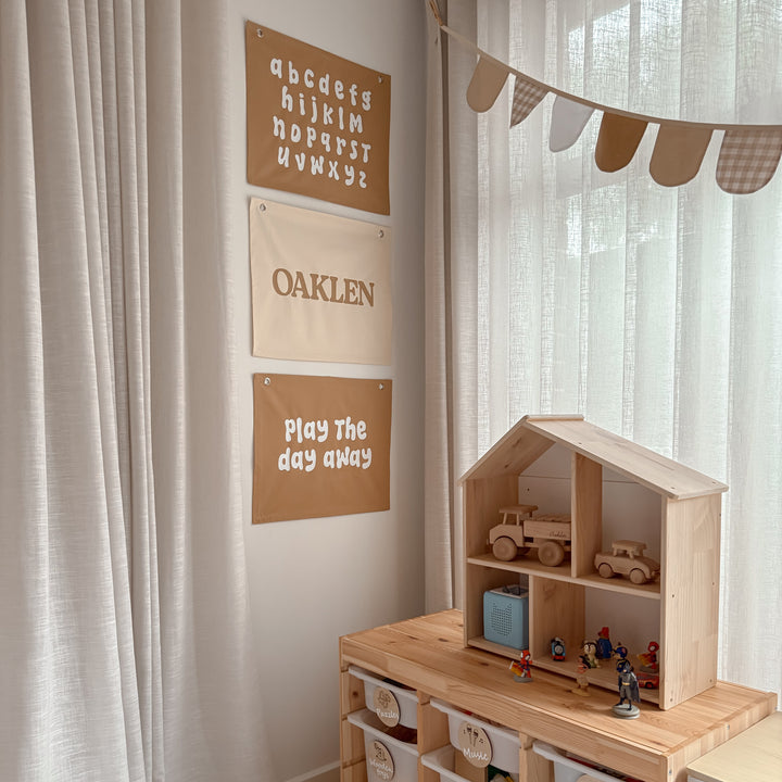 Gender neutral kids room. Gender neutral nursery decor. Neutral tan Alphabet kids banner. Boys brown abc banner. Boys alphabet wall banner. Surf boys bedroom styling. Boys surf bedroom decor. Boys surf bedroom wall banner. Boys surf room inspo. Beach boys bedroom inspo. Beach boys bedroom ideas. Coastal boys bedroom inspo. ABC wall banner. Neutral boys bedroom decor.