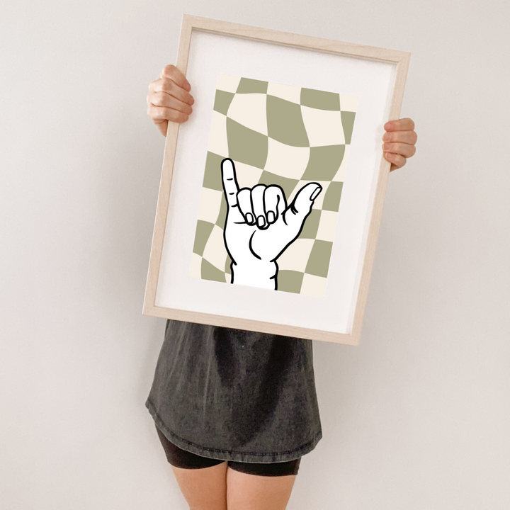 Sage green Checkered Shaka wall print. Green Shaka print. Boys cool bedroom styling. Boys surf bedroom wall decor. Boys bedroom Shaka print. Boys sage green bedroom inspo. Boys fern green bedroom decor ideas. Boys green Shaka decor. Shaka wall decor. Boys fun surf room inspo. 10 year old boys bedroom ideas. Shared boys bedroom decor. 12 year old boys bedroom ideas.