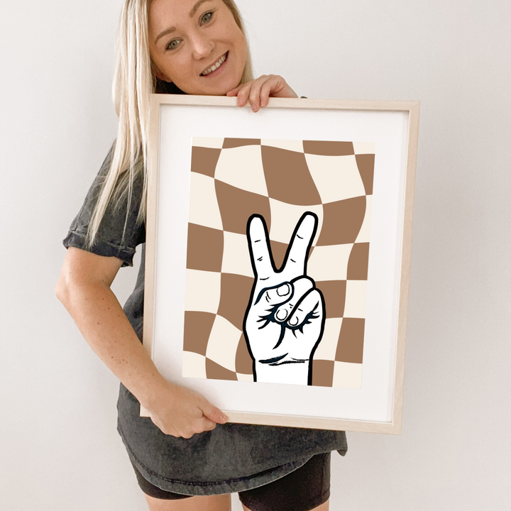 Neutral beige Checkered peace wall print. Neutral peace print. Boys cool bedroom styling. Boys surf bedroom wall decor. Boys bedroom peace print. Boys beige & tan bedroom inspo. Boys neutral bedroom decor ideas. Boys beige peace decor. Peace wall decor. Boys fun surf room inspo. 10 year old boys bedroom ideas. Shared boys bedroom decor. 12 year old boys bedroom ideas.