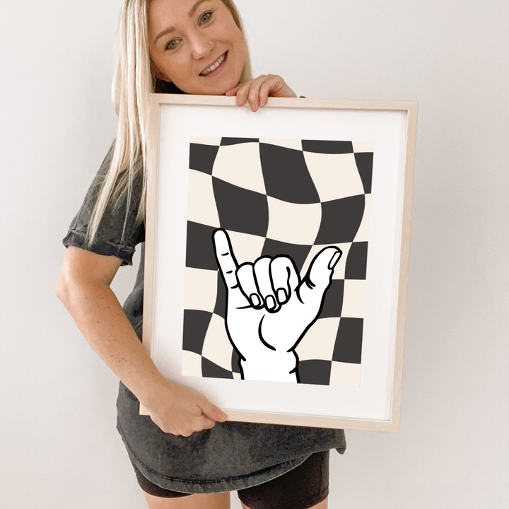 Black Checkered Shaka wall print. Black Shaka print. Boys cool bedroom styling. Boys surf bedroom wall decor. Boys bedroom Shaka print. Boys black bedroom inspo. Boys black bedroom decor ideas. Boys black Shaka decor. Shaka wall decor. Boys fun surf room inspo. 10 year old boys bedroom ideas. Shared boys bedroom decor. 12 year old boys bedroom ideas.