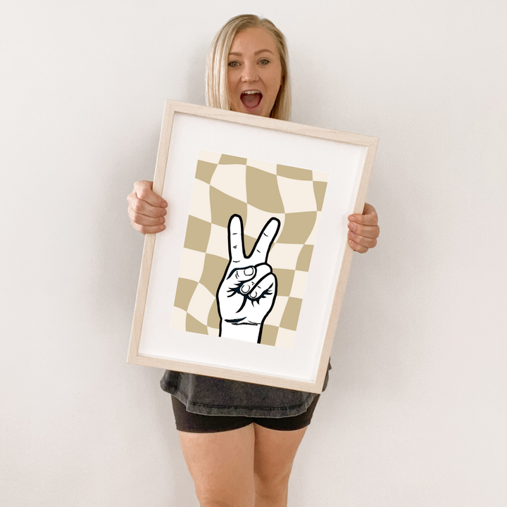 Neutral beige Checkered peace wall print. Neutral peace print. Boys cool bedroom styling. Boys surf bedroom wall decor. Boys bedroom peace print. Boys beige & tan bedroom inspo. Boys neutral bedroom decor ideas. Boys beige peace decor. Peace wall decor. Boys fun surf room inspo. 10 year old boys bedroom ideas. Shared boys bedroom decor. 12 year old boys bedroom ideas.