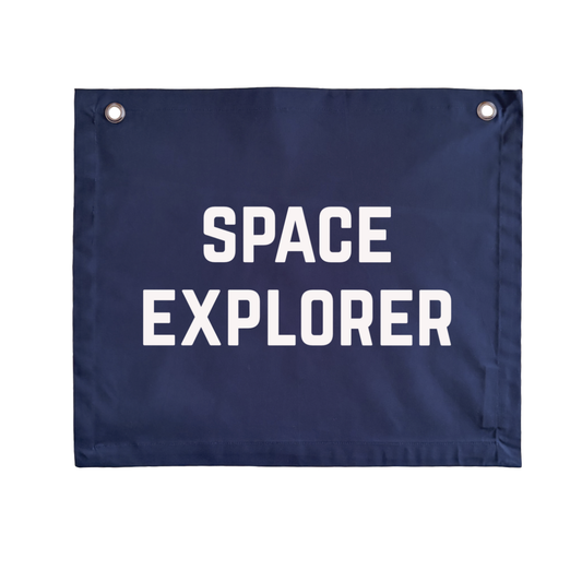 Navy blue explorer wall banner. Outta space bedroom decor. Blue Astronaut nursery sign. Galaxy inspired playroom styling. Planet kids wall hanging. Kids rental friendly decor. Navy blue Space themed kids bedroom. Boys bedroom decor. Playroom wall banner. Kids bedroom inspo. Kids navy blue space playroom ideas. Blue boys bedroom decor.