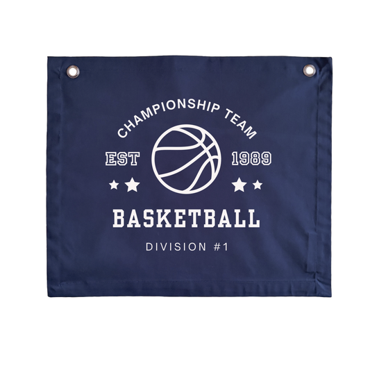 Navy blue Basketball wall banner. Blue Vintage sports bedroom decor. College sports nursery sign. Court side inspired playroom styling. Basket ball wall hanging. Kids rental friendly decor. Boys bedroom decor. Sports themed kids room. Playroom wall banner. Kids bedroom inspo. Kids room ideas. Vintage kids decor. Navy Blue boys bedroom decor. 