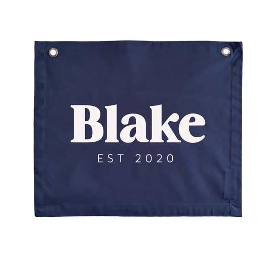 Personalised custom Established kids wall banner / wall hanging ~ Navy blue ~ 6 fonts