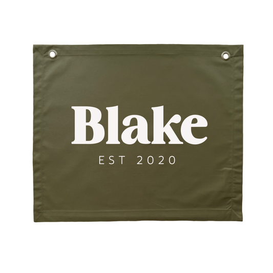 Personalised custom Established kids wall banner / wall hanging ~ Olive green ~ 6 fonts