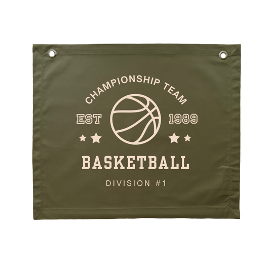 Olive Green Basketball wall banner. Khaki Vintage sports bedroom decor. College sports nursery sign. Court side inspired playroom styling. Basket ball wall hanging. Kids rental friendly decor. Boys bedroom decor. Sports themed kids room. Playroom wall banner. Kids bedroom inspo. Kids room ideas. Vintage kids decor. Army Green boys bedroom decor. 