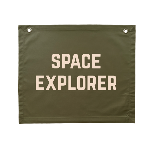 Olive green explorer wall banner. Outta space bedroom decor. Green Astronaut nursery sign. Galaxy inspired playroom styling. Planet kids wall hanging. Kids rental friendly decor. Army green Space themed kids bedroom. Boys bedroom decor. Playroom wall banner. Kids bedroom inspo. Kids green space playroom ideas. Olive green boys bedroom decor.