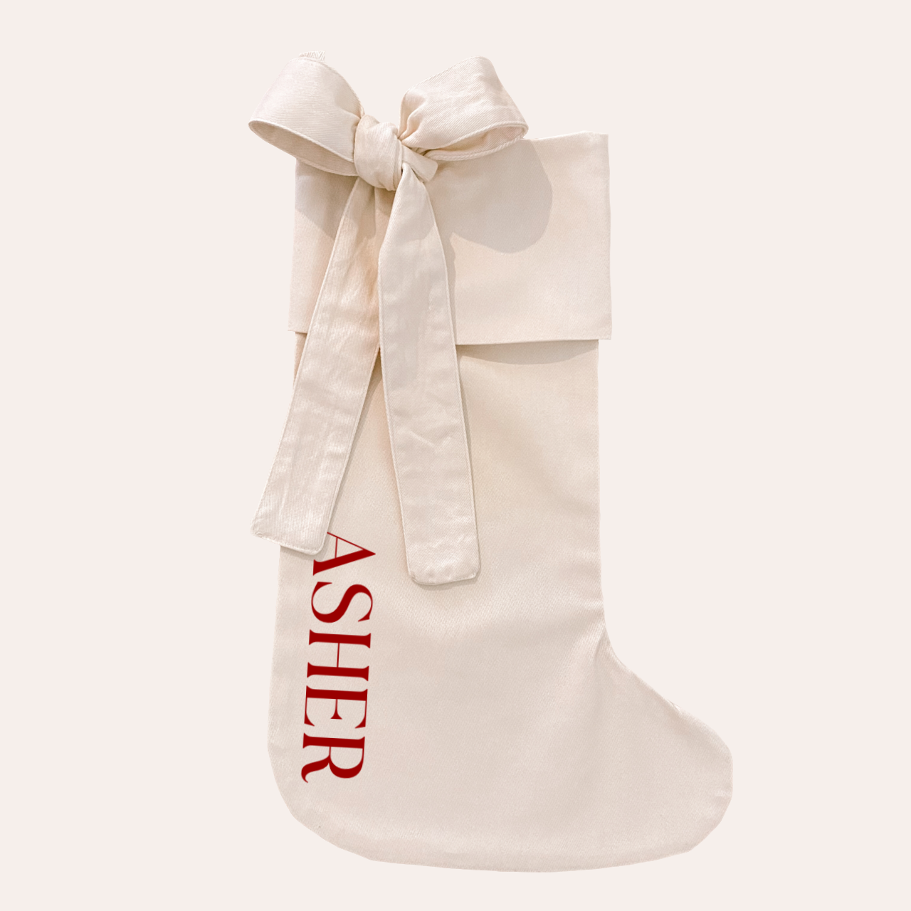 Personalised Christmas stocking with tie on bow ~ Warm sand