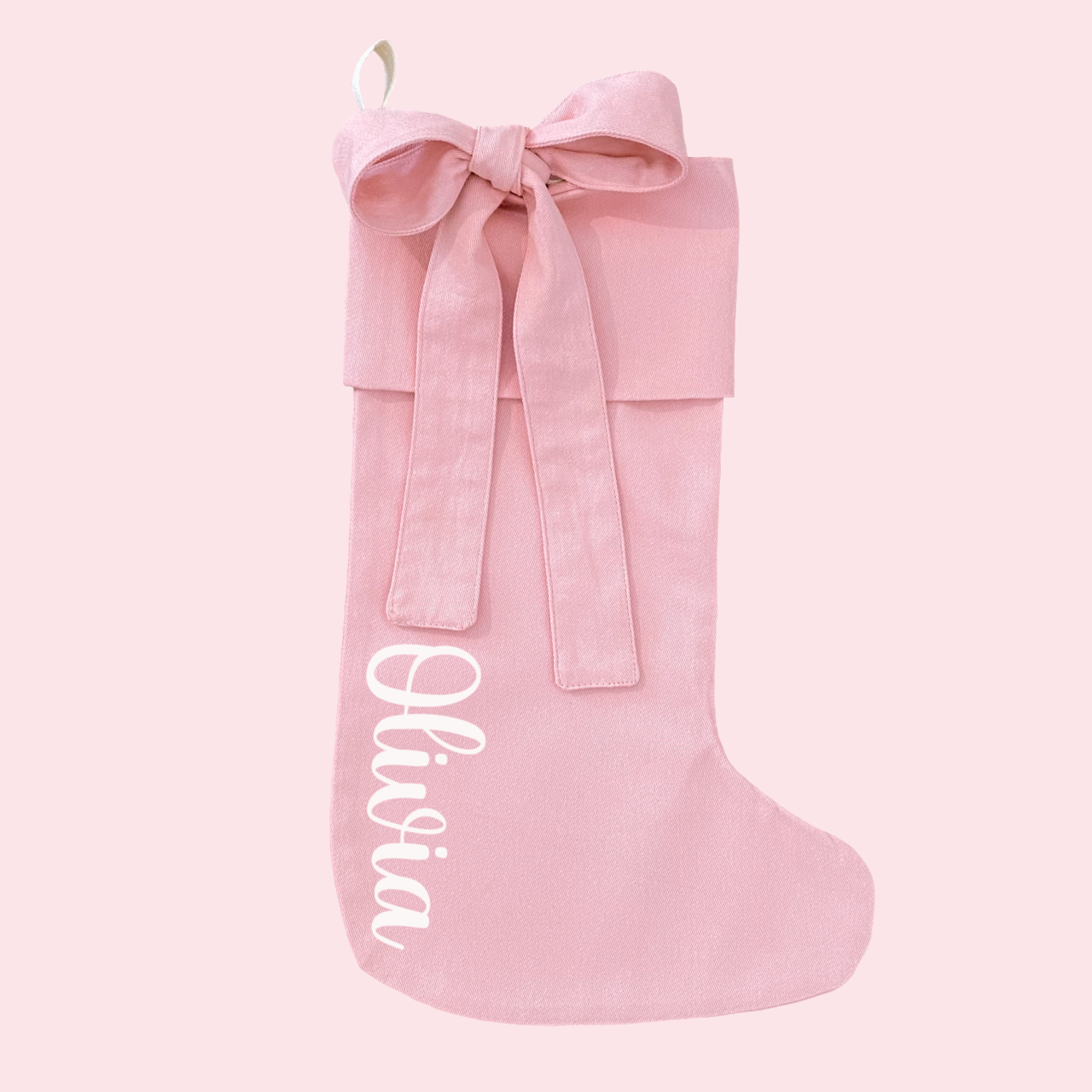 Personalised Christmas stocking with tie on bow ~ Blush pink