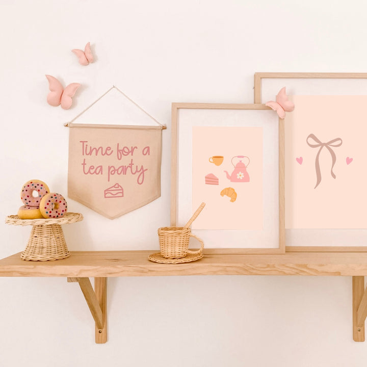 Pink girls room. Soft pink nursery decor. Classic girls bedroom styling. Sweet pastel pink bedroom decor. Tea party wall art. Girls tea party room inspo. Pink tea party print decor. Timeless girls pink bedroom ideas. Elegant girls bedroom art. Girls feminine bedroom. Baby pink girls bedroom decor. Classic girls nursery decor. Classic pink bedroom. Delicate tea party inspired girls decor.