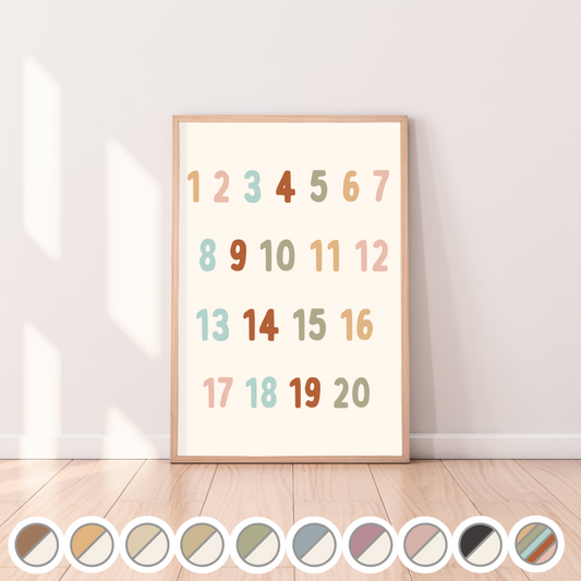 Numbers 1 to 20 kids wall print / wall art~ 10 colours