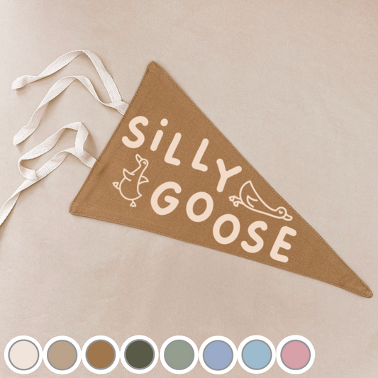 Silly goose nursery pennant flag. Silly goose wall flag. Silly goose bedroom wall banner. Silly goose playroom flag banner. Kids playroom wall flag. Nursery styling. Toddler bedroom inspo. Toddler bedroom decor ideas. Silly goose nursery decor.