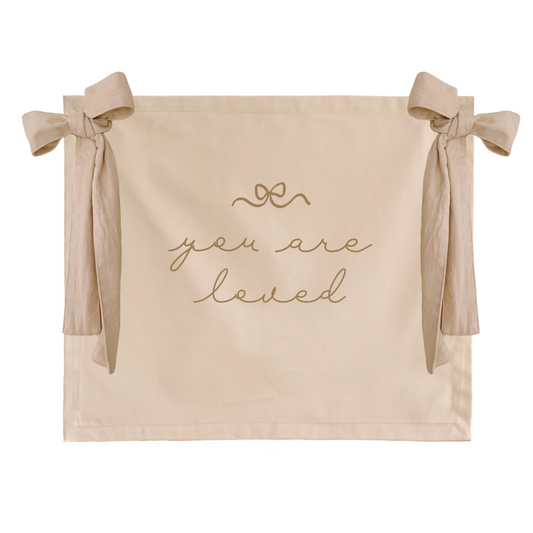 You Are Loved banner. Girls bedroom decor. Affirmation wall decor. Girls nursery sign. Dainty playroom styling. Pretty girls room wall hanging. Kids rental friendly decor. Girls bedroom wall banner. Playroom wall decor. Kids bedroom inspo. Kids playroom ideas