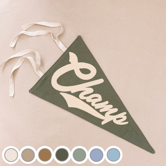 Champ pennant flag. Kids tie up pennant. Vintage sports wall flag. Boys wall hanging. Boys sports bedroom decor. Kids college sports wall flag. Kids rental friendly decor. Boys bedroom inspo. Playroom wall banner. Sports room styling. Kids bedroom decor ideas. Court side inspired decor.