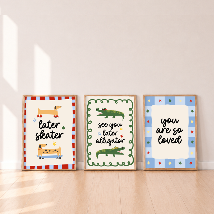 Boys Print Set, Set of 3 Kids Prints, Kids Wall Art Set, Boys Wall Art Set, Boys Bedroom Prints, Boys Bedroom Decor, Kids Bedroom Wall Art, Kids Room Print Set, Cool Boys Decor, Cool Kids Wall Art, Colourful Boys Decor, Colourful Kids Wall Art, Fun Kids Prints, Playful Kids Decor, Retro Kids Decor, Retro Boys Decor, Boys Gallery Wall, Kids Gallery Wall Prints, Kids Playroom Prints, Boys Playroom Decor, Later Skater Print, Sausage Dog Print, Dachshund Wall Art, Skateboard Dog Print, See You Later Alligator P