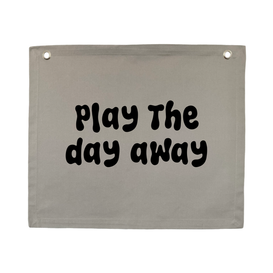 Play wall flag. Play the day away banner. Play sign. kids bedroom styling. kids play bedroom decor. Play wall banner. kids playroom inspo. kids bedroom inspo. kids bedroom ideas. Coastal kids playroom banner. kids wall banner.