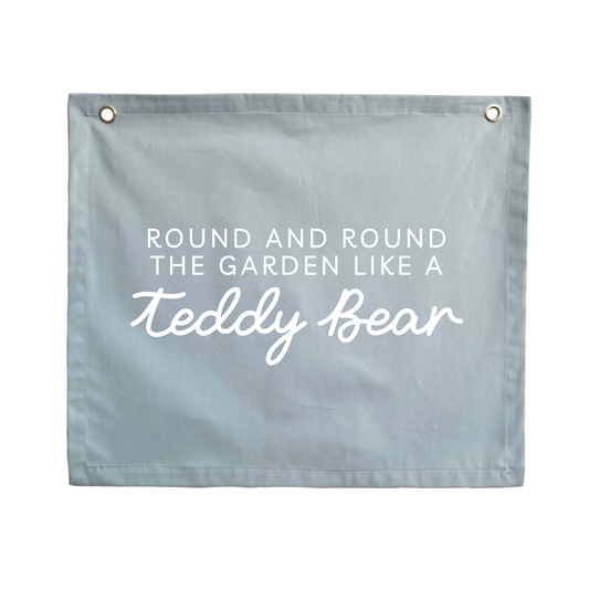 Teddy bear wall banner. Round and round the garden like a teddy bear. Boys teddy bear bedroom styling. Boys teddy bear bedroom wall decor. Boys bedroom teddy bear wall banner. Boys wall decor. Boys teddy bear bedroom. Boys teddy bedroom decor ideas. Teddy bear nursery banner. Teddy bear nursery.