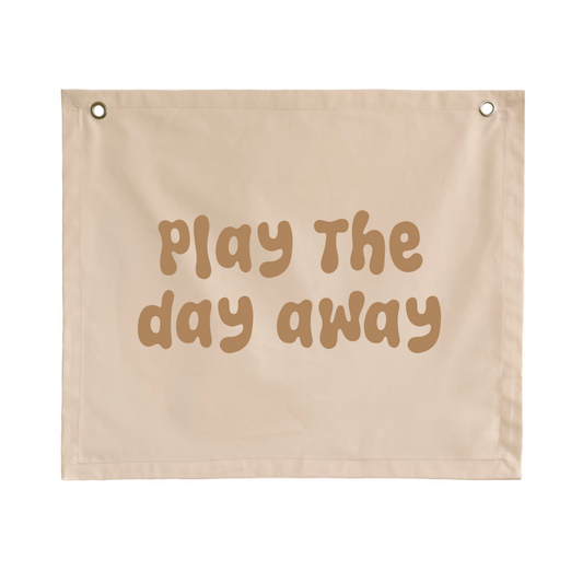 Play wall flag. Play the day away banner. Play sign. kids bedroom styling. kids play bedroom decor. Play wall banner. kids playroom inspo. kids bedroom inspo. kids bedroom ideas. Coastal kids playroom banner. kids wall banner.