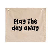Play wall flag. Play the day away banner. Play sign. kids bedroom styling. kids play bedroom decor. Play wall banner. kids playroom inspo. kids bedroom inspo. kids bedroom ideas. Coastal kids playroom banner. kids wall banner. 