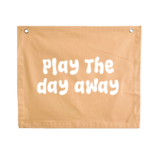 Play wall flag. Play the day away banner. Play sign. kids bedroom styling. kids play bedroom decor. Play wall banner. kids playroom inspo. kids bedroom inspo. kids bedroom ideas. Coastal kids playroom banner. kids wall banner.