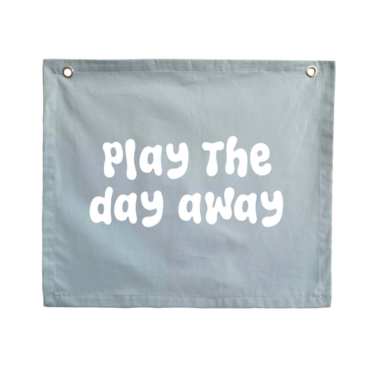Play wall flag. Play the day away banner. Play sign. kids bedroom styling. kids play bedroom decor. Play wall banner. kids playroom inspo. kids bedroom inspo. kids bedroom ideas. Coastal kids playroom banner. kids wall banner.