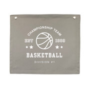 Grey Basketball wall banner. Grey tones Vintage sports bedroom decor. College sports nursery sign. Court side inspired playroom styling. Monochrome Basket ball wall hanging. Kids rental friendly decor. Grey Boys bedroom decor. Sports themed kids room. Grey Playroom wall banner. Kids bedroom inspo. Kids room ideas. Vintage kids decor. boys bedroom decor. 