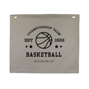 Grey Basketball wall banner. Grey tones Vintage sports bedroom decor. College sports nursery sign. Court side inspired playroom styling. Monochrome Basket ball wall hanging. Kids rental friendly decor. Grey Boys bedroom decor. Sports themed kids room. Grey Playroom wall banner. Kids bedroom inspo. Kids room ideas. Vintage kids decor. boys bedroom decor. 