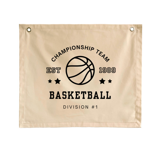 Basketball wall banner. Vintage sports bedroom decor. College sports nursery sign. Court side inspired playroom styling. Basket ball wall hanging. Kids rental friendly decor. Boys bedroom decor. Sports themed kids room. Playroom wall banner. Kids bedroom inspo. Kids room ideas.