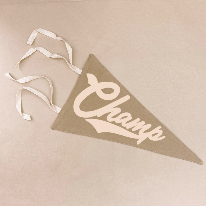 Champ pennant flag. Kids tie up pennant. Vintage sports wall flag. Boys wall hanging. Boys sports bedroom decor. Kids college sports wall flag. Kids rental friendly decor. Boys bedroom inspo. Playroom wall banner. Sports room styling. Kids bedroom decor ideas. Court side inspired decor.