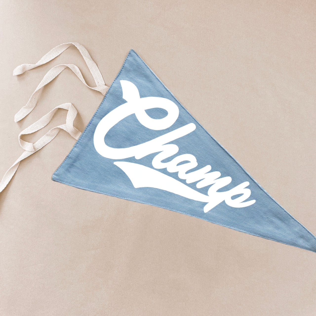 Champ pennant flag. Kids tie up pennant. Vintage sports wall flag. Boys wall hanging. Boys sports bedroom decor. Kids college sports wall flag. Kids rental friendly decor. Boys bedroom inspo. Playroom wall banner. Sports room styling. Kids bedroom decor ideas. Court side inspired decor.