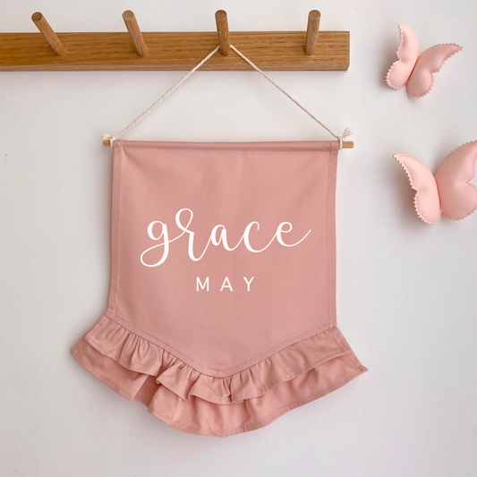 Personalised name frill hanging banner ~ Petals pink