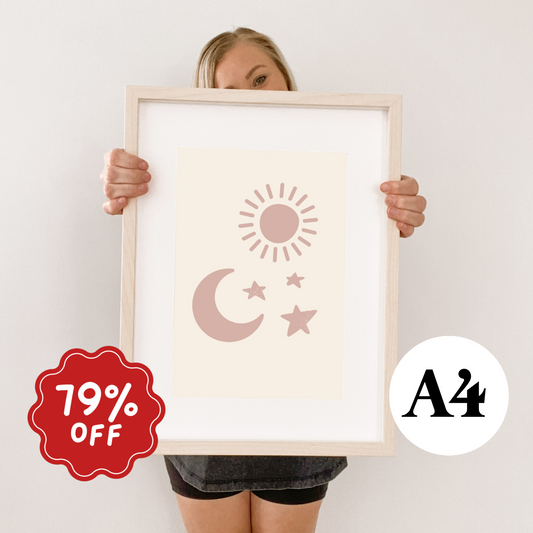 Sun moon and stars wall print ~ Mauve ~ parchment paper Imperfect