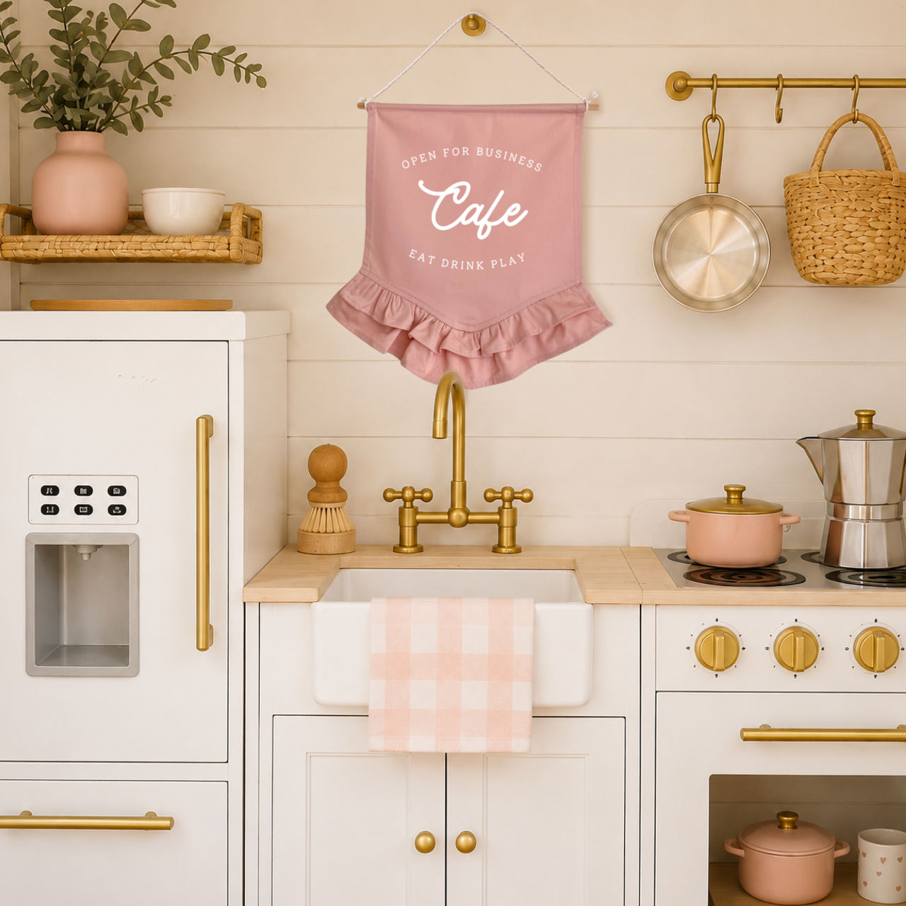 Cafe Wall Banner, Kids Cafe Decor, Play Kitchen Decor, Kids Play Kitchen, Cubby House Decor, Playroom Decor, Pretend Play Decor, Imaginative Play, Cafe Playroom Decor, Girls Playroom Decor, Pink Wall Banner, Dusty Pink Decor, Blush Pink Decor, Pink Kids Decor, Kids Wall Banner, Play Cafe Sign, Kids Cafe Sign, Market Stall Decor, Pretend Cafe Decor, Girls Cubby Decor, Vintage Kids Decor, Frill Wall Banner