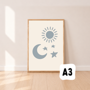 Nursery sun, moon and stars decor. Sun, moon and stars wall print. Simple sun and moon art. Toddler wall decor. Gender neutral nursery decor. Dreamy nursery decor. Toddler wall prints. Calming nursery wall print. Boys nursery wall print. Baby boy decor. Girls nursery decor. Baby girl nursery. 