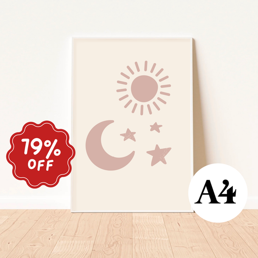 Sun moon and stars wall print ~ Mauve ~ parchment paper Imperfect
