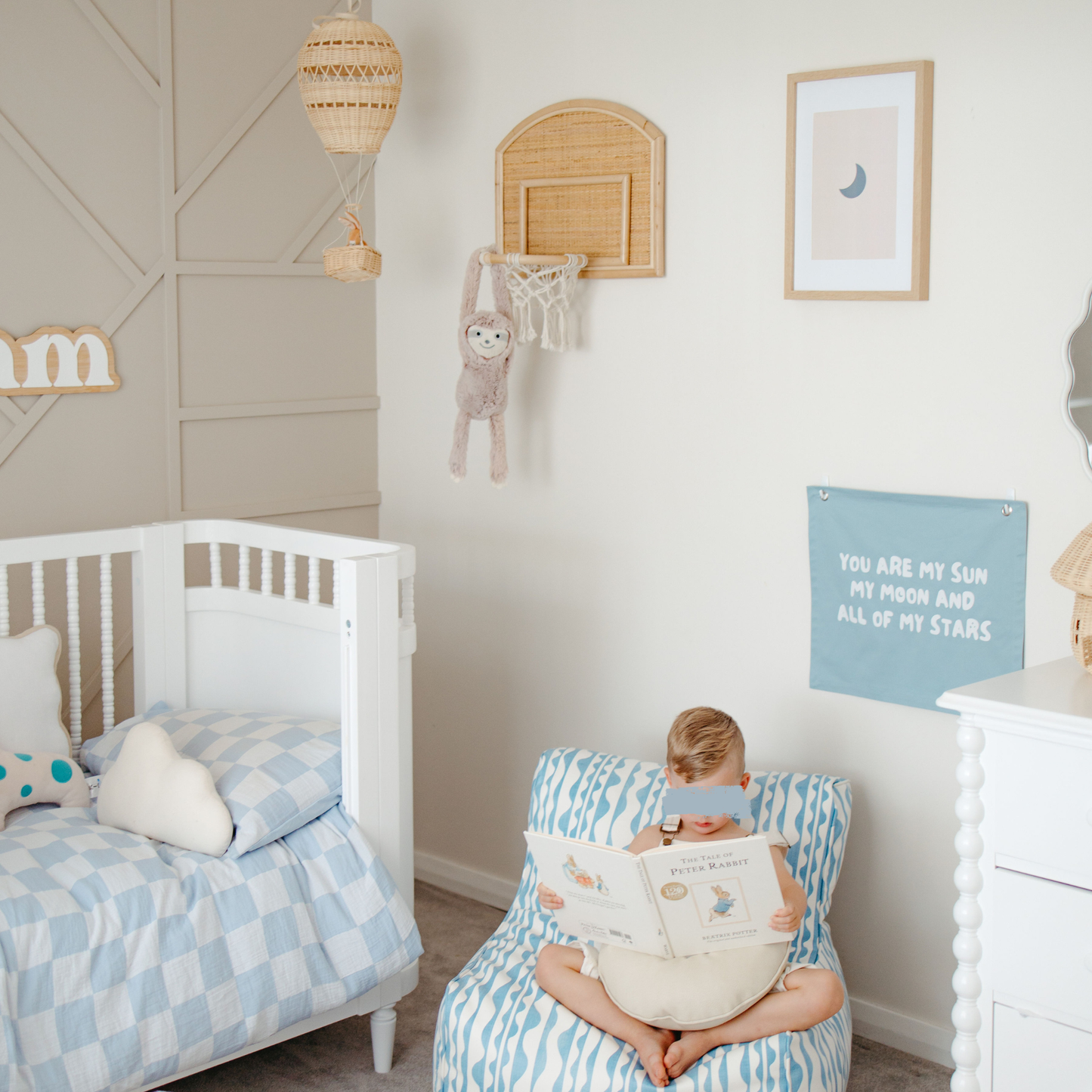 You are my sun, moon and all my stars wall banner. Boys bedroom styling. Boys bedroom wall decor. Boys bedroom wall banner. Boys bedroom inspo. Nursery decor ideas. Celestial nursery banner. Nursery wall decor. Sun moon and stars room inspo. Gender neutral bedroom decor. Space playroom decor.