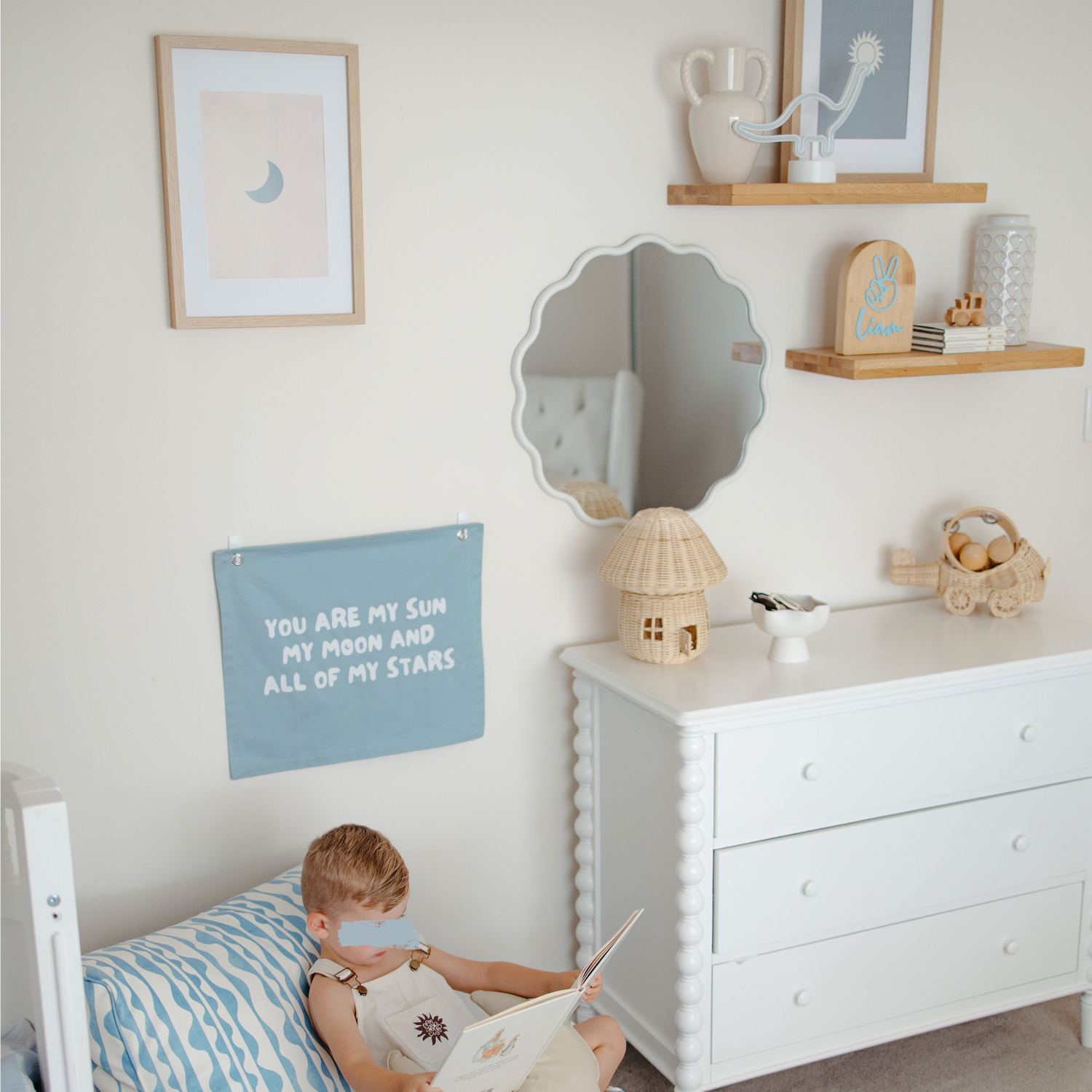 You are my sun, moon and all my stars wall banner. Boys bedroom styling. Boys bedroom wall decor. Boys bedroom wall banner. Boys bedroom inspo. Nursery decor ideas. Celestial nursery banner. Nursery wall decor. Sun moon and stars room inspo. Gender neutral bedroom decor. Space playroom decor.