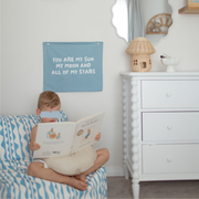 You are my sun, moon and all my stars wall banner. Boys bedroom styling. Boys bedroom wall decor. Boys bedroom wall banner. Boys bedroom inspo. Nursery decor ideas. Celestial nursery banner. Nursery wall decor. Sun moon and stars room inspo. Gender neutral bedroom decor. Space playroom decor.