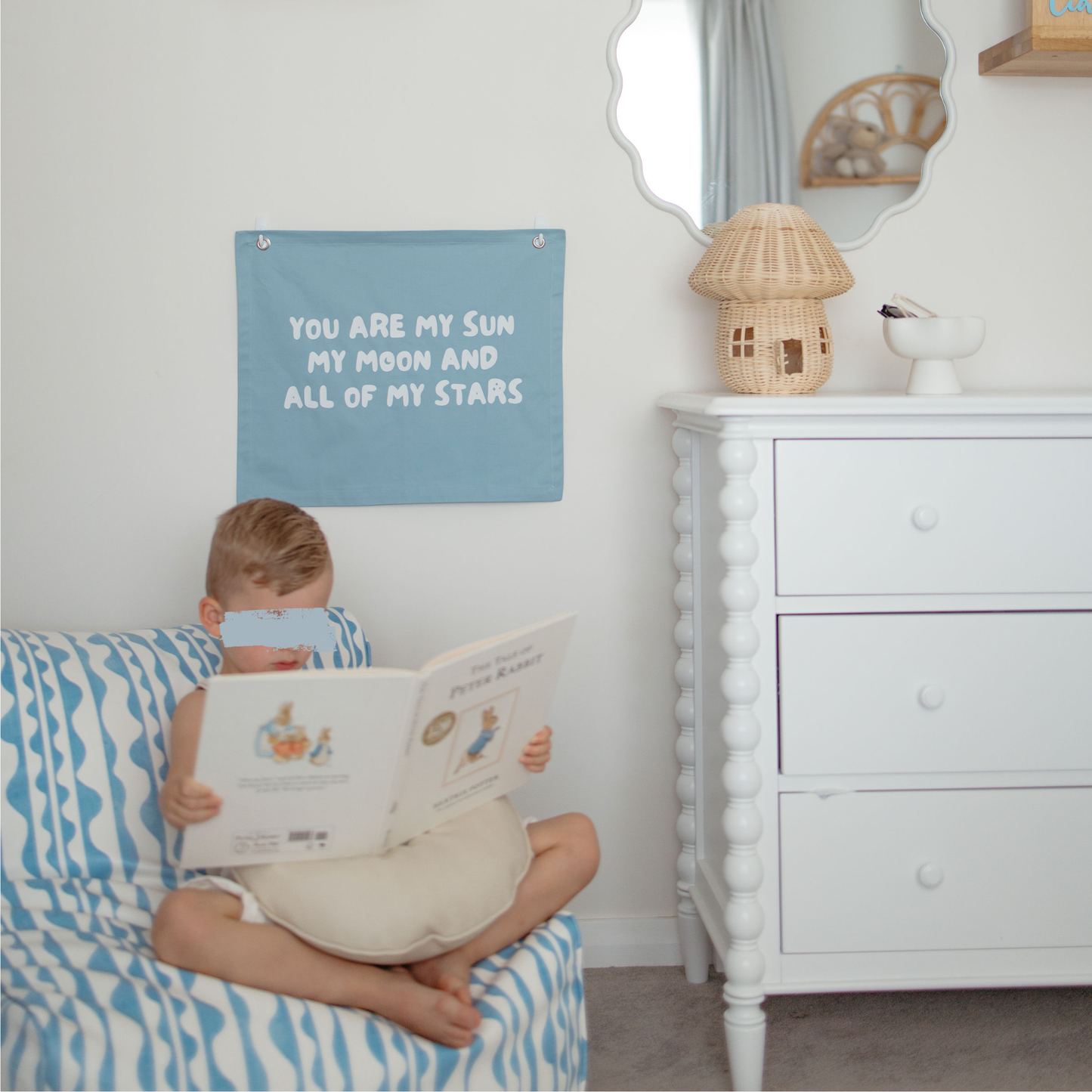 You are my sun, moon and all my stars wall banner. Boys bedroom styling. Boys bedroom wall decor. Boys bedroom wall banner. Boys bedroom inspo. Nursery decor ideas. Celestial nursery banner. Nursery wall decor. Sun moon and stars room inspo. Gender neutral bedroom decor. Space playroom decor.