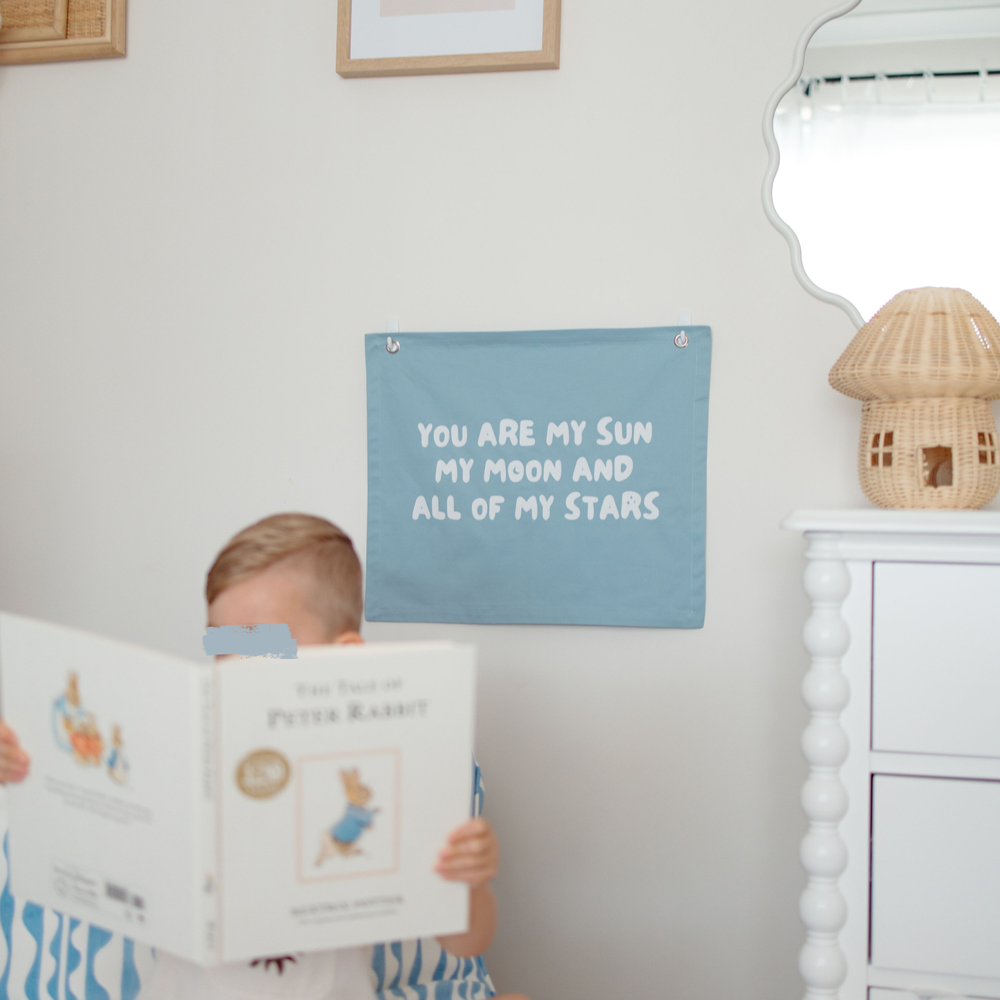 You are my sun, moon and all my stars wall banner. Boys bedroom styling. Boys bedroom wall decor. Boys bedroom wall banner. Boys bedroom inspo. Nursery decor ideas. Celestial nursery banner. Nursery wall decor. Sun moon and stars room inspo. Gender neutral bedroom decor. Space playroom decor.