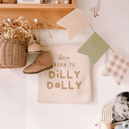Born to dilly dally. Dilly dally nursery flag. Silly goose nursery flag. Silly goose wall flag. Silly goose bedroom wall banner. Silly goose playroom banner. Kids playroom wall flag. Nursery styling. Toddler bedroom inspo. Toddler bedroom decor ideas. Silly goose nursery decor.