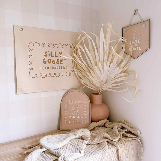 Silly goose nursery flag. Silly goose wall flag. Silly goose bedroom wall banner. Silly goose playroom banner. Kids playroom wall flag. Nursery styling. Toddler bedroom inspo. Toddler bedroom decor ideas. Silly goose nursery decor.