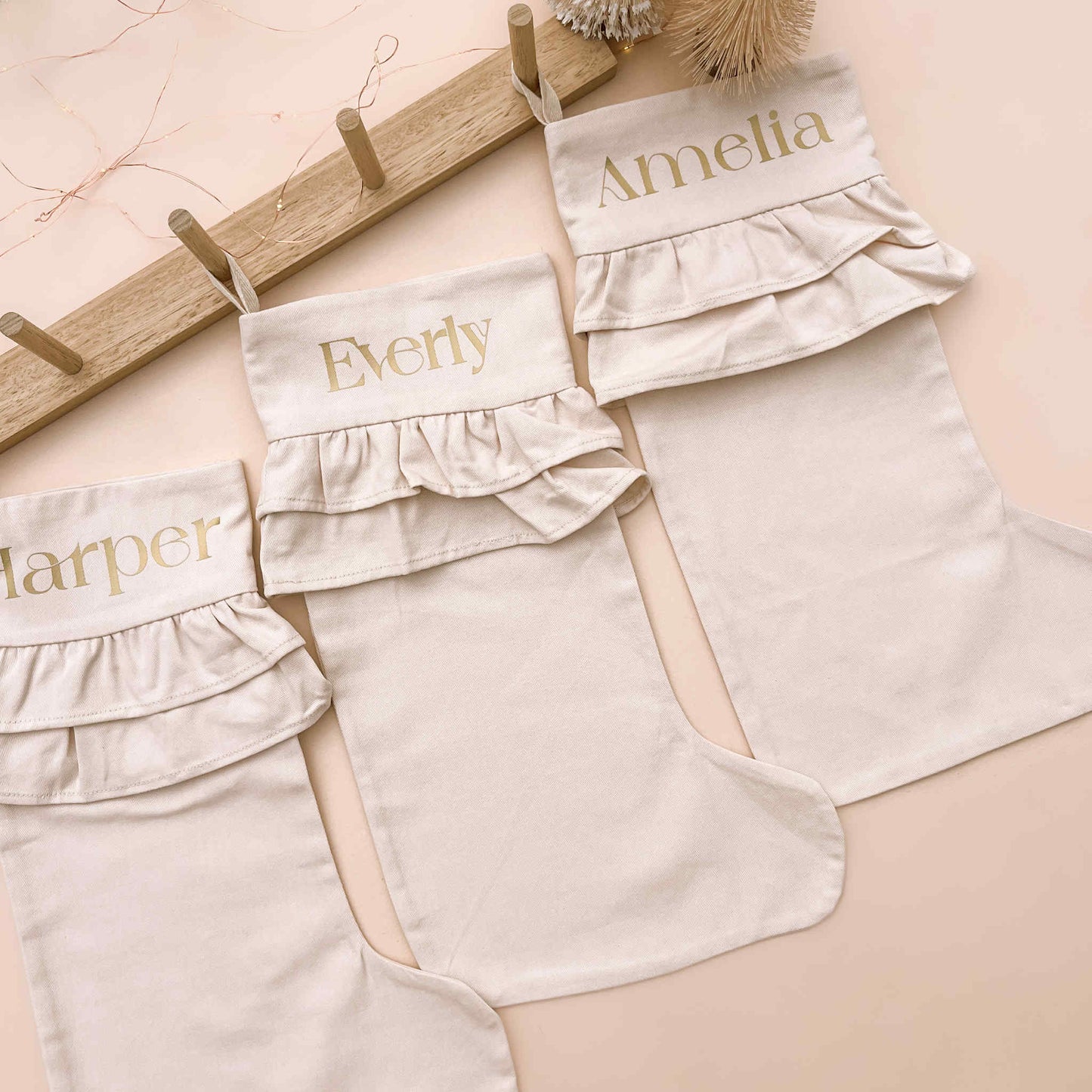 personalised frill Christmas stocking, double frill Christmas stocking, ruffle Christmas stocking, warm sand Christmas stocking, beige Christmas stocking, neutral Christmas stocking, personalised Christmas stocking, canvas Christmas stocking, cotton Christmas stocking, custom name stocking, personalised kids stocking, cottagecore Christmas decor, vintage Christmas stocking, neutral Christmas decor, Christmas keepsake, reusable Christmas stocking, Australian Christmas decor