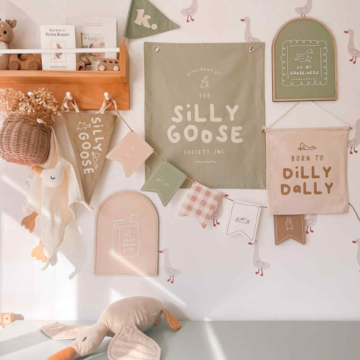 Silly goose nursery flag. Silly goose wall flag. Silly goose bedroom wall banner. Silly goose playroom banner. Kids playroom wall flag. Nursery styling. Toddler bedroom inspo. Toddler bedroom decor ideas. Silly goose nursery decor. 