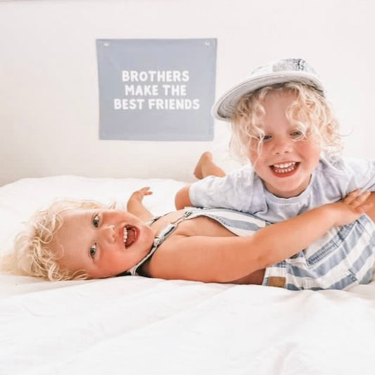 Brothers bedroom styling. Brothers bedroom wall decor. Brothers bedroom wall banner. Brothers wall banner. Brothers bedroom inspo. Brothers bedroom decor ideas. Shared boys bedroom decor. Brothers make the best friends banner. Shared boys room inspo. Brothers wall decor.